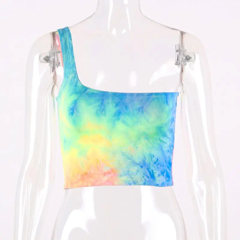 Women Summer Rainbow Colorful Tie-Dye Crop Tube Top Sexy One Shoulder Backless Bandeau Vest Festival Party Streetwear | Женская одежда