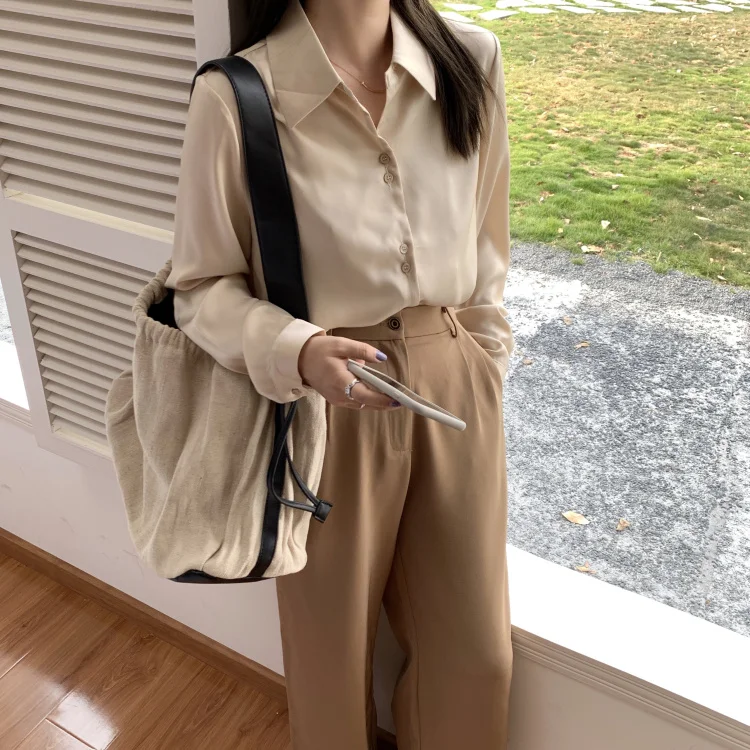 

Elegant Long Sleeve Spring Autumn Women Fashion Long Sleeves Satin Blouse Femme Shirts Imitation Silk Blouse