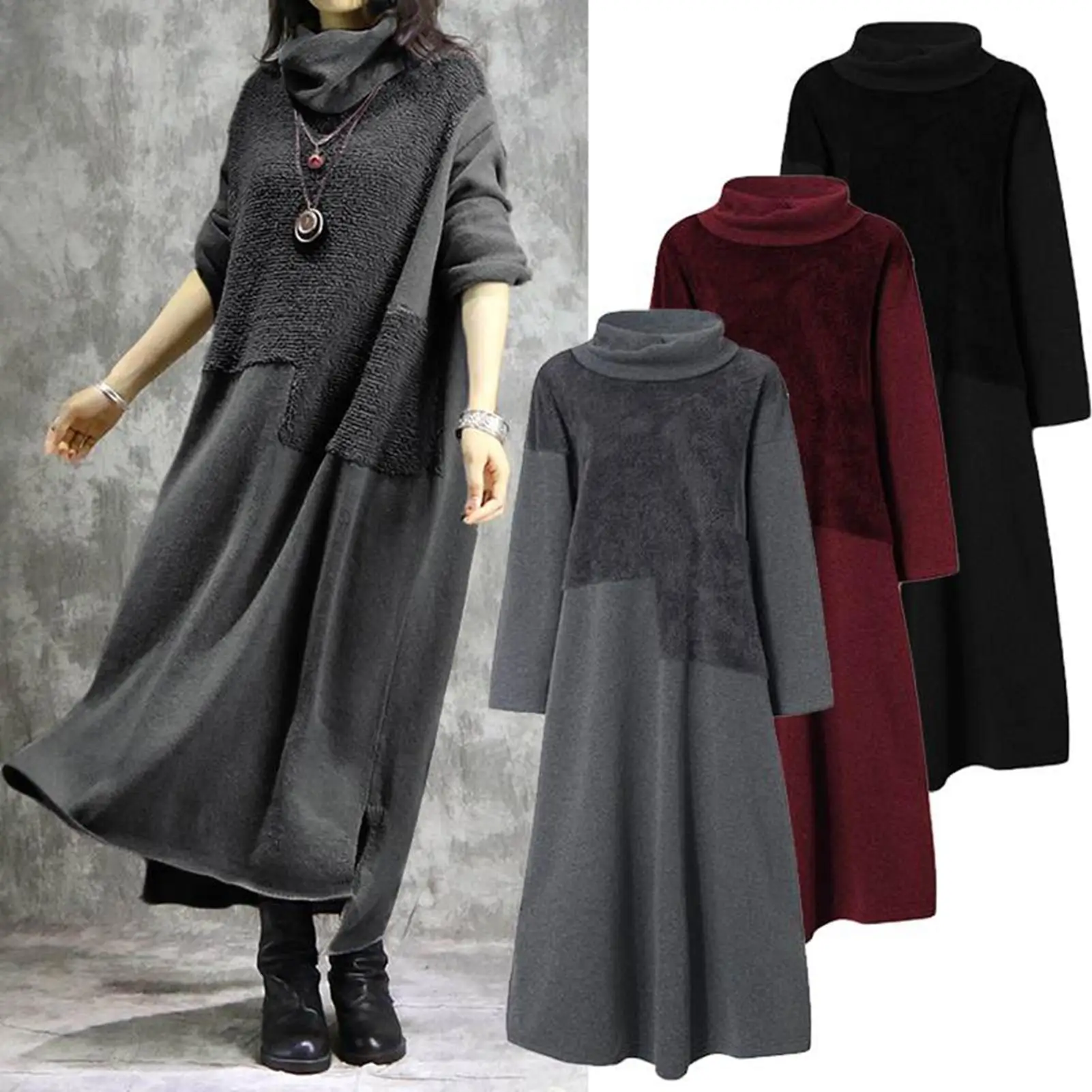 

New Stylish Women Autumn Turtleneck Long Sleeve Patchwork Plush Irregular Hem Maxi Dress Pullover