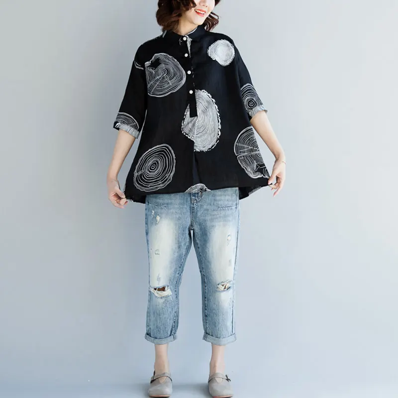

F&je New Summer Women Shirts Plus Size Short Sleeve Vintage Cotton Linen Blouses Paisley Print Loose Casual Shirt Lady Tops P12