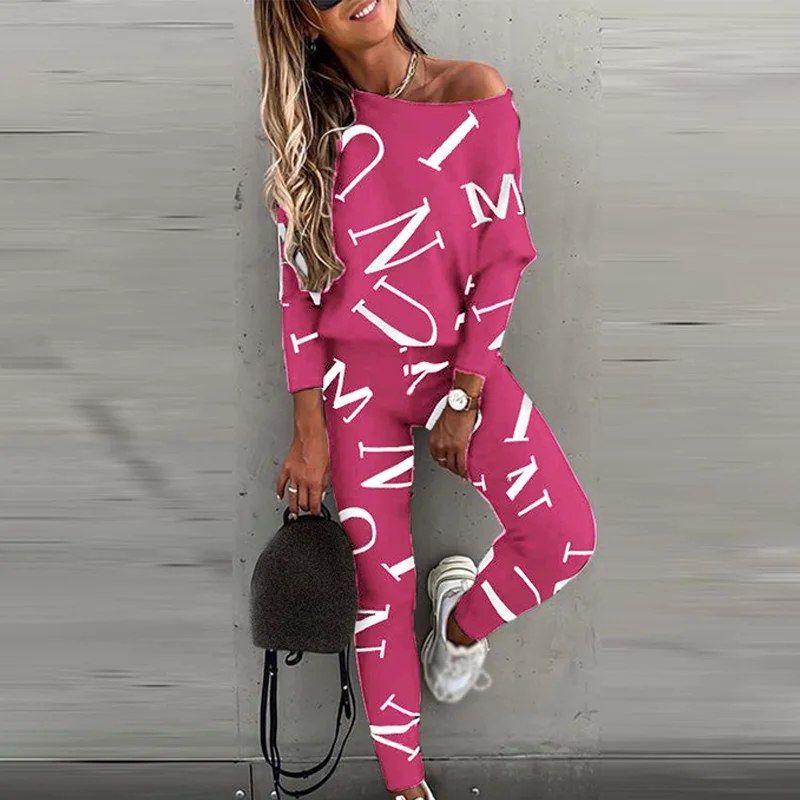

2021 Sportswear Women Fashion Casual Solid Fit One Shoulder Top Long Pants Set Long Sleeve Top & High Waist Drawstring Pants Set