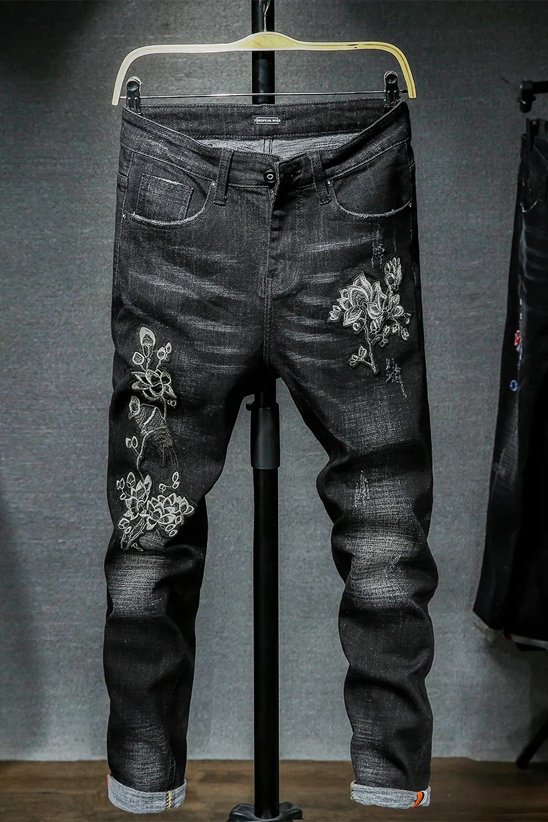 

Autumn Pop Jeans Men Cotton Slim Flower Embroidered Jeans Men Fashion High Quality Stretch Large Size Denim Pencil Pants