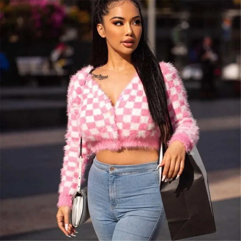 Sexy V Neck Pink Plaid Knitted Sweater Women Streewear Long Sleeve Cropped Cardigan Coat Autumn Winter Short Tops |