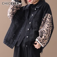 chicever casual patchwork leopard denim jacket for women lapel long sleeve loose oversize hit color coat female new 2021 spring