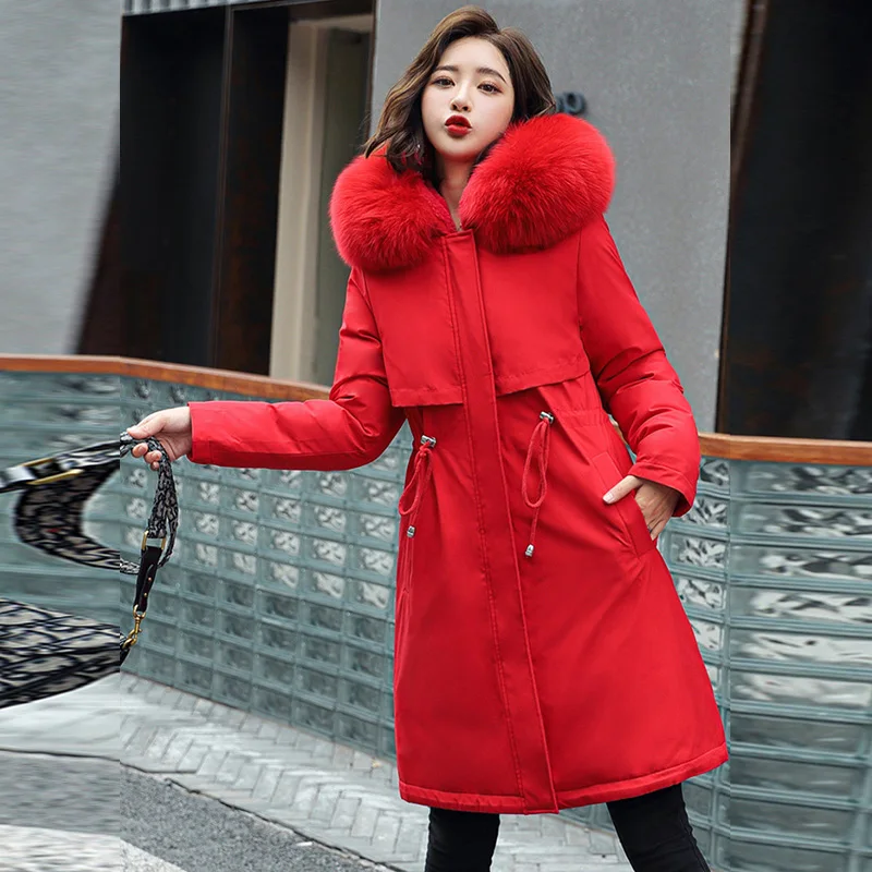 

2020 Winter Parkas Coat Women Fleece Hooded Thicken Warm Fur Collar Mid-Long Fashion Female Jacket Solid Casual Wild Parkas New