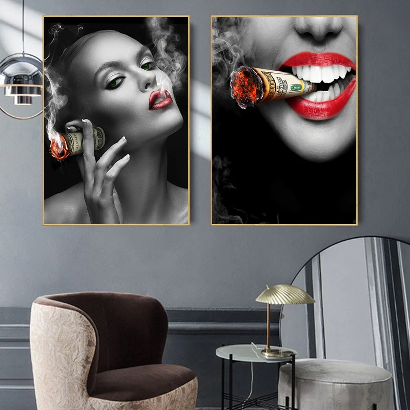 

Money Girls Sexy Lips Smoking Canvas Painting Posters and Prints Wall Art Girls Pictures Cuadros for Living Room Decor