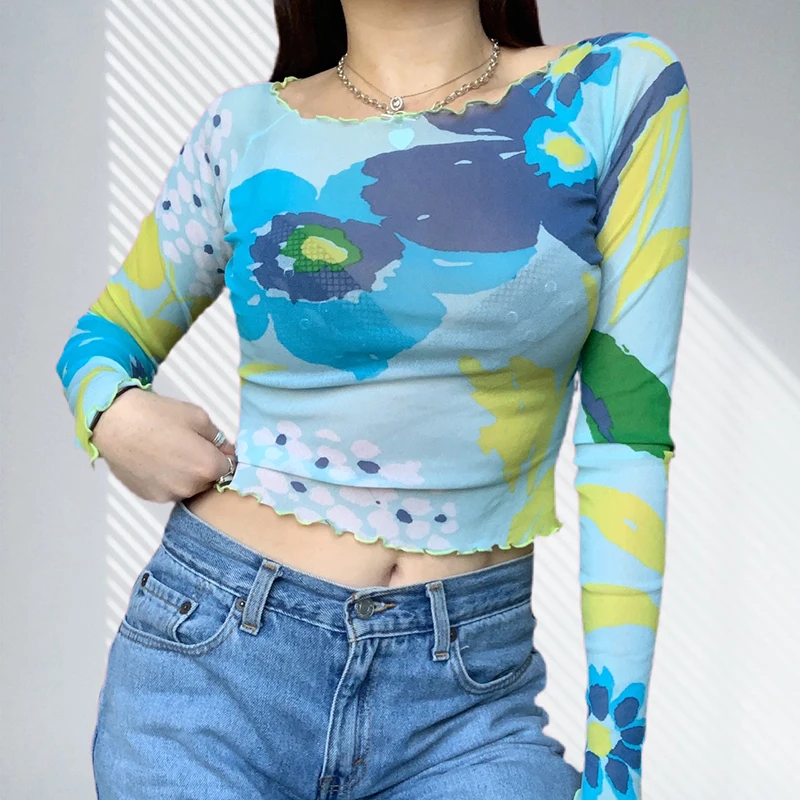 

Ink Floral Print Cropped Top Tee Women Aesthetic Vintage O-neck Long Sleeve Mesh T-shirt Casual Pullovers Shirt Autumn Iamhotty