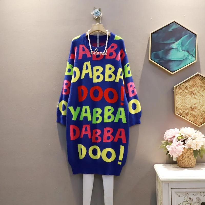 QING MO Letter Pattern Round Neck Knitted Sweater Dress Women 2021 Autumn New Fashion Loose Large Size Black Green ZWL790 | Женская