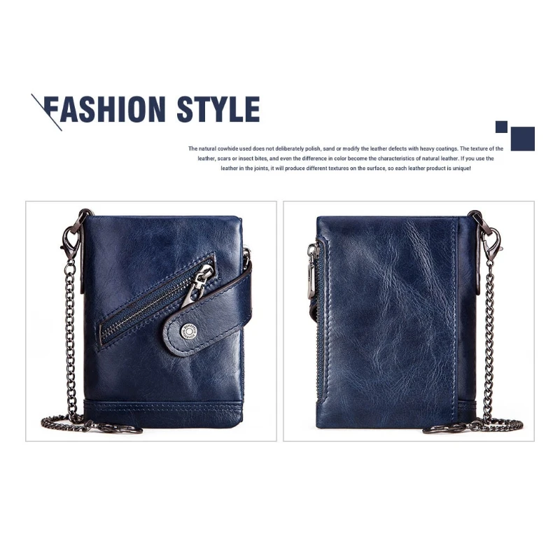 

Men's Leather RFID Blocking Trifold Wallets Double Zipper Coin Pocket Purse with Anti-Theft Chain Bikers Wallets