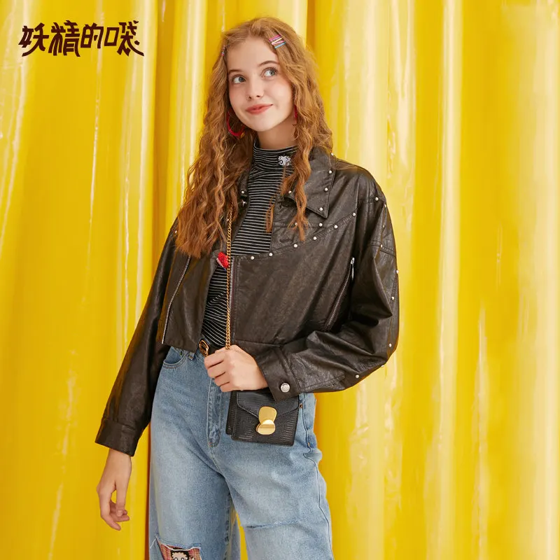 ELFSACK черная однотонная новая гранж заклепка кожаная куртка пальто для женщин 2019
