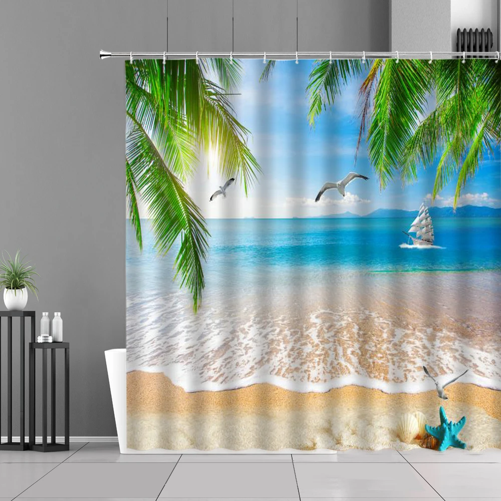 

Ocean Scenery Shower Curtains Blue Sky Beach Seagull Starfish Green Tropical Plants Bathtub Decoration Waterproof Cloth Curtain