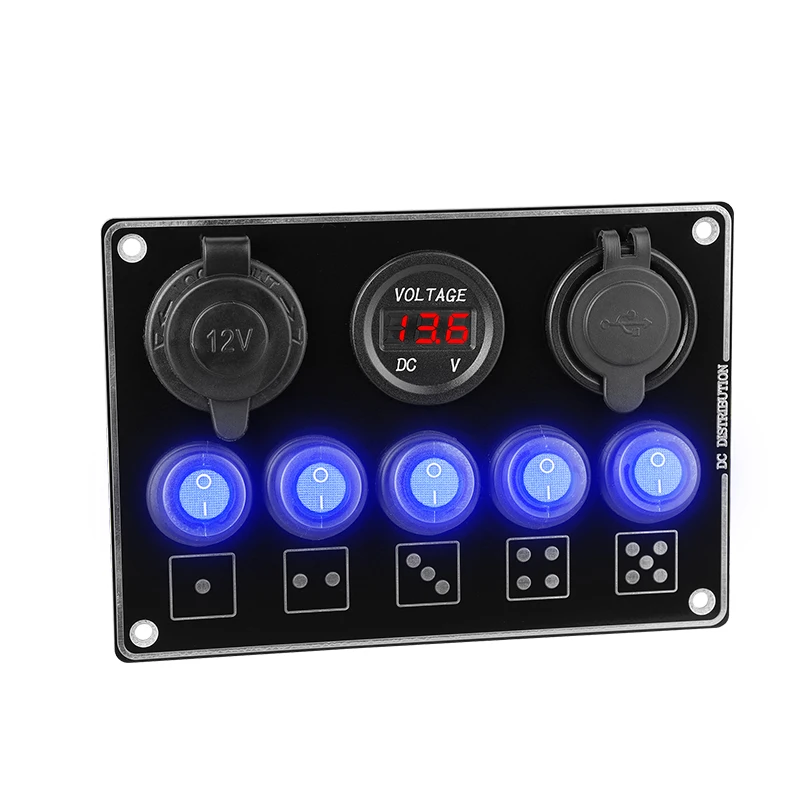 

5 Gang Waterproof Marine Boat Rocker Switch Panel with 12V/24V Dual USB Socket Voltmeter LED Car Charger SUV Marine RV Truck
