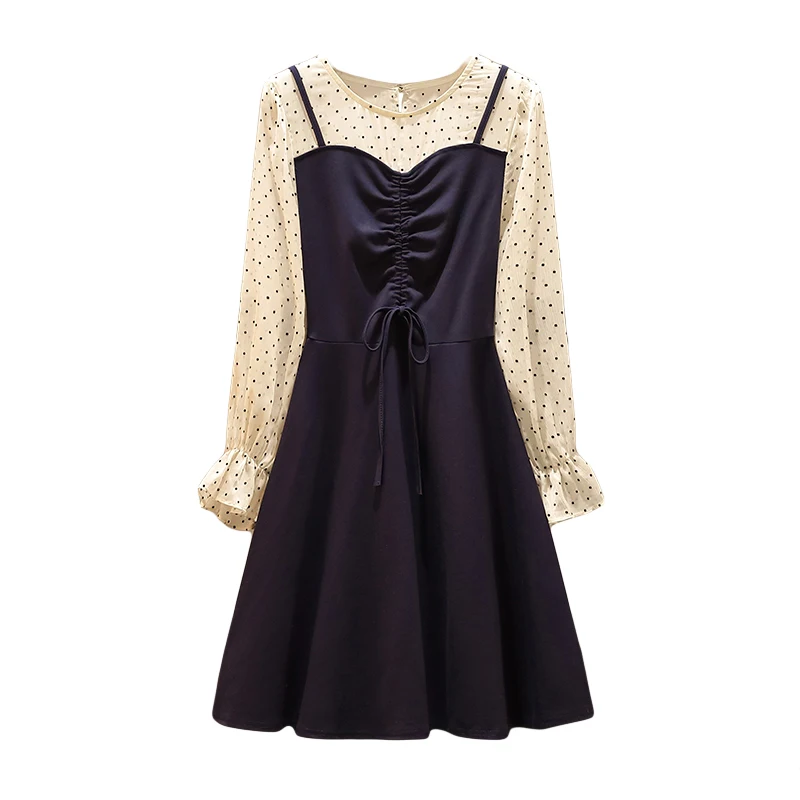 

Women Casual Autumn Dress Lady Korean Style Vintage dot Printed Chiffon A line Dress Long Sleeve Bow Midi Summer Dress Vestido