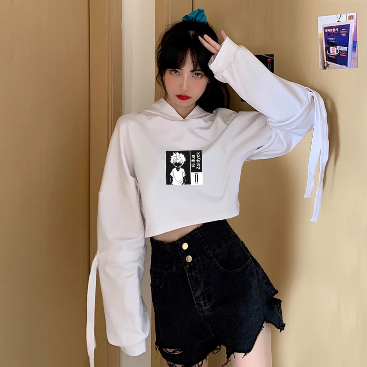 

Hunter X Hunter Printed Embroidered Women's Hoodie Killua Zoldyck Sweatshirt Sexy Navel Strap Women's Hoodie New Long Sleeve