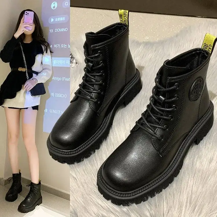 

All-Match Fashion Martin Boots Chunky Heel Non-Slip Short Women's Boots Lace Black Leather Thin Booties Non-Slip Single-Layer