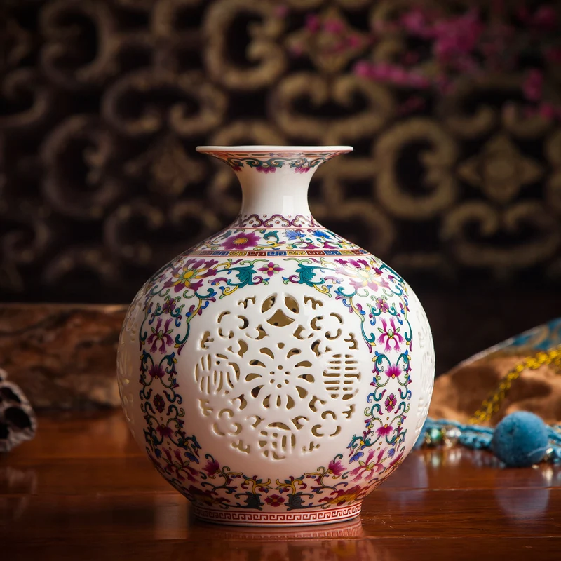 

Chinese Ceramic Hollow Vase Ornaments Bookcase Office Desktop Figurines Crafts Home Livingroom Table Furnishings Decoration Art