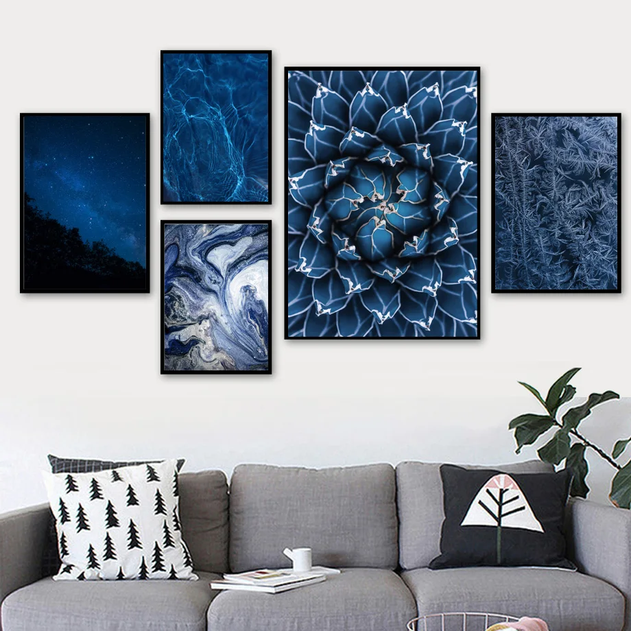 

Nordic Posters and Prints Blue Starry Sky Ice Tree Flower Jellyfish Landscape Wall Art Canvas Painting Pictures for Living Room
