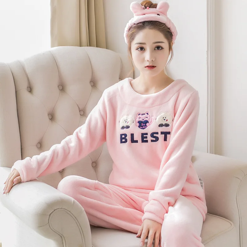 

New Flannel Pajamas Nightwear Sleepwear Set Winter Warm Simple Long Sleeve Leisure Pure Color Lovely Women Home Wear Suit
