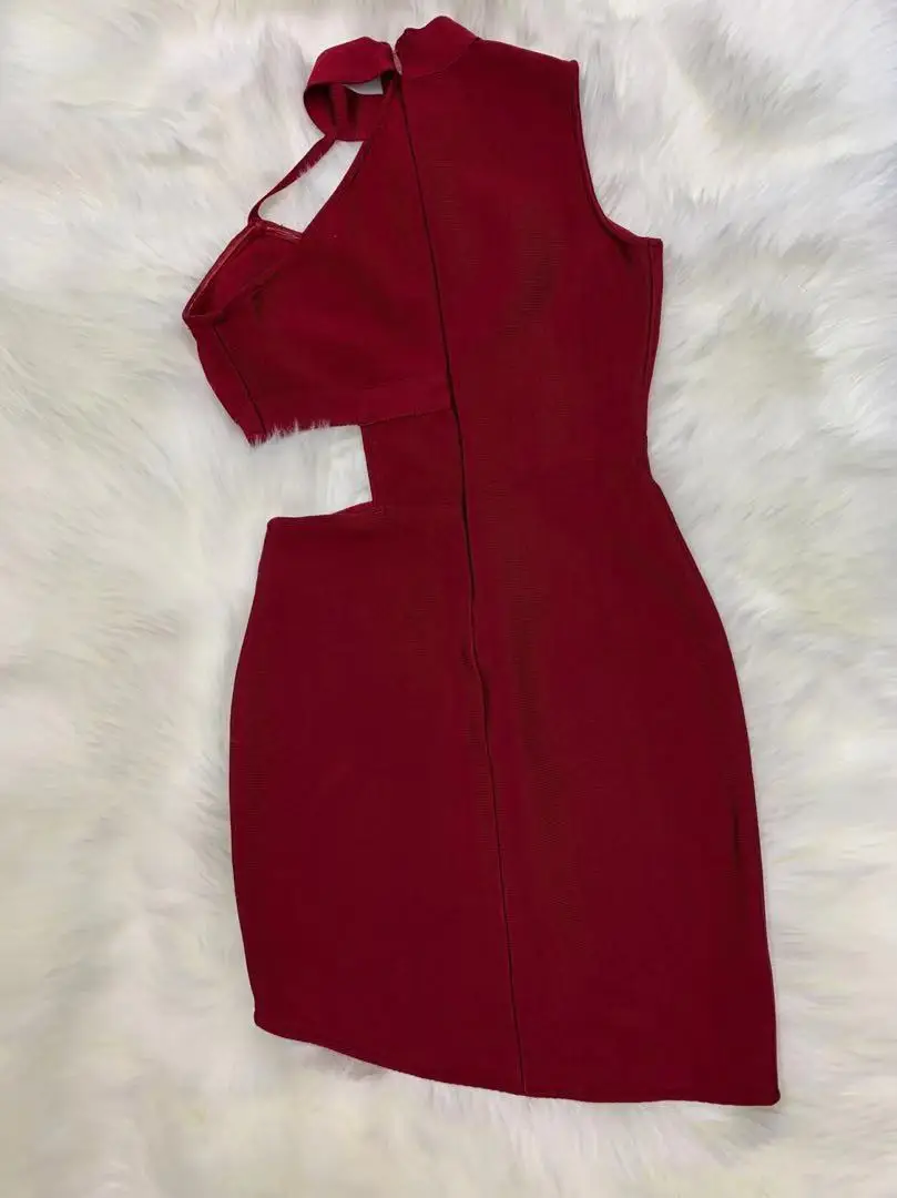

High Quality Wine Sleeveless Sexy Rayon Bandage Dress Club Party Fashion Dress