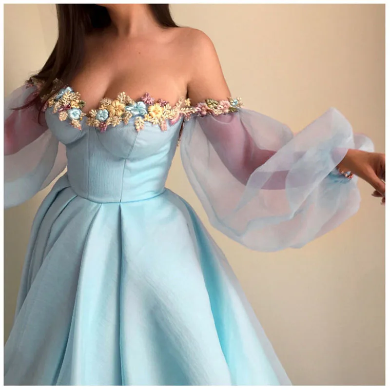 LORIE Evening Dress Puff Sleeves Party Gowns Robe De Soiree Formal Prom Plunging 3D Flower Off The Shoulder | Свадьбы и торжества