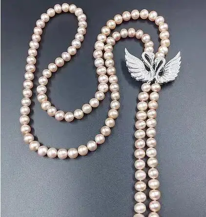 

natural 8-9mm white pink purple freshwater pearl Hand knotted inlay zircon Swan accessories necklace long sweater chain 25"inch
