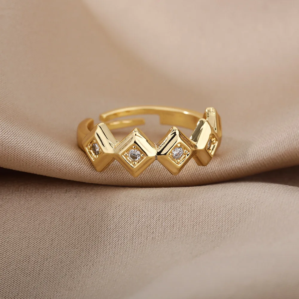

Geometric Zircon Square Pendant Open Rings For Women Stainless Steel Gold Color Finger Ring Crystal Party Jewelry Bijoux Femme