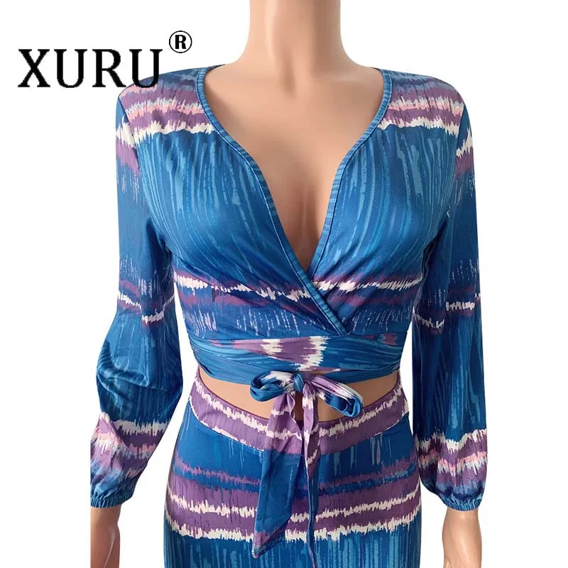 

XURU Europe and America sexy loose dress two-piece autumn new best selling women's printing large size dress set