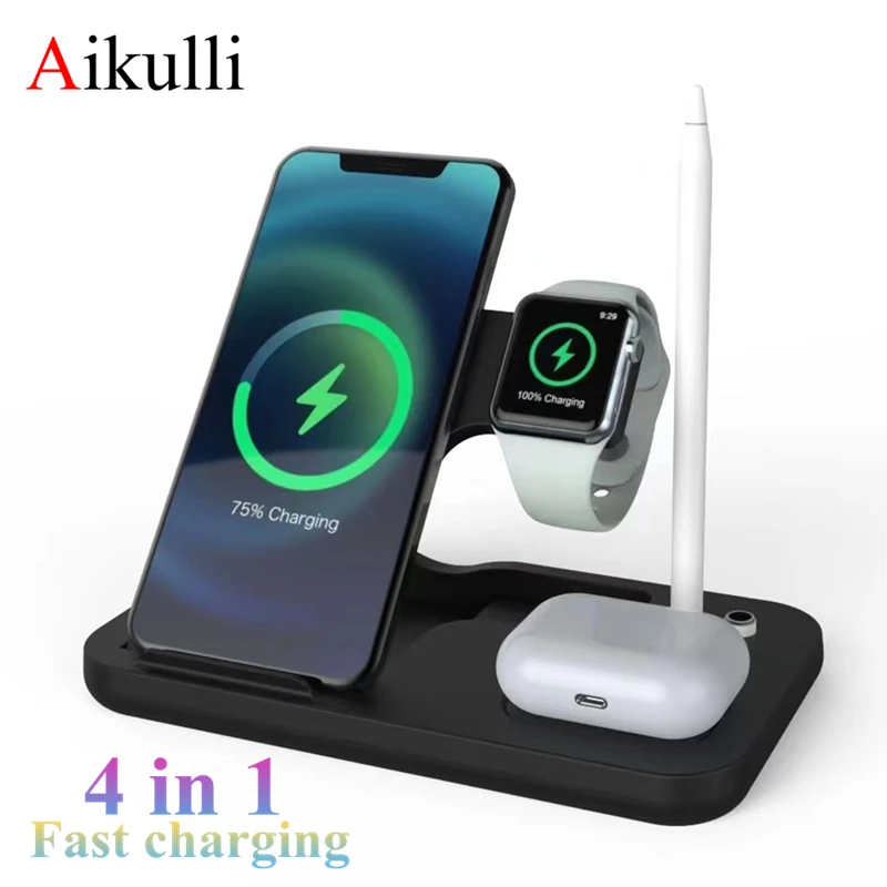 

4 in 1 Wireless Charger Stand Qi 15W Fast Charging For iPhone 12 11 Pro XS Apple Watch 5 4 3 AirPods 2 Pro Pencil Charge Station