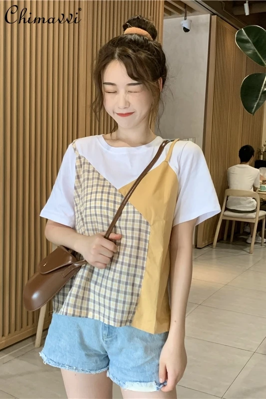 

Plaid Stitching Fake Two Piece T Shirts Summer New Fashionable Short Sleeved Top Female Round Neck Bottoming Shirt