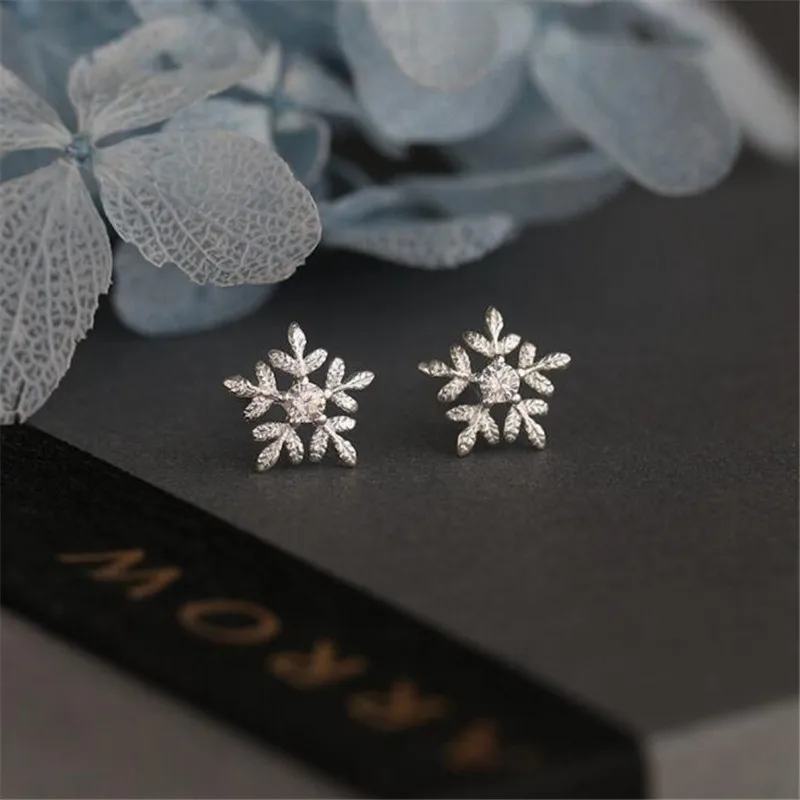 

Festival Gift Real 925 Sterling Silver Cz Diamond Snowflake Flowers Stud Earrings For Women Girl Sterling-Silver-Jewelry E022
