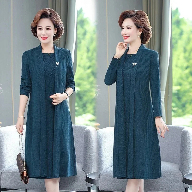 

2022 Autumn 2 Piece Set Dress Cardigan Women 5XL Party Midi Dresses Elegant Robe Middle-age Female Vestides Suit W2345