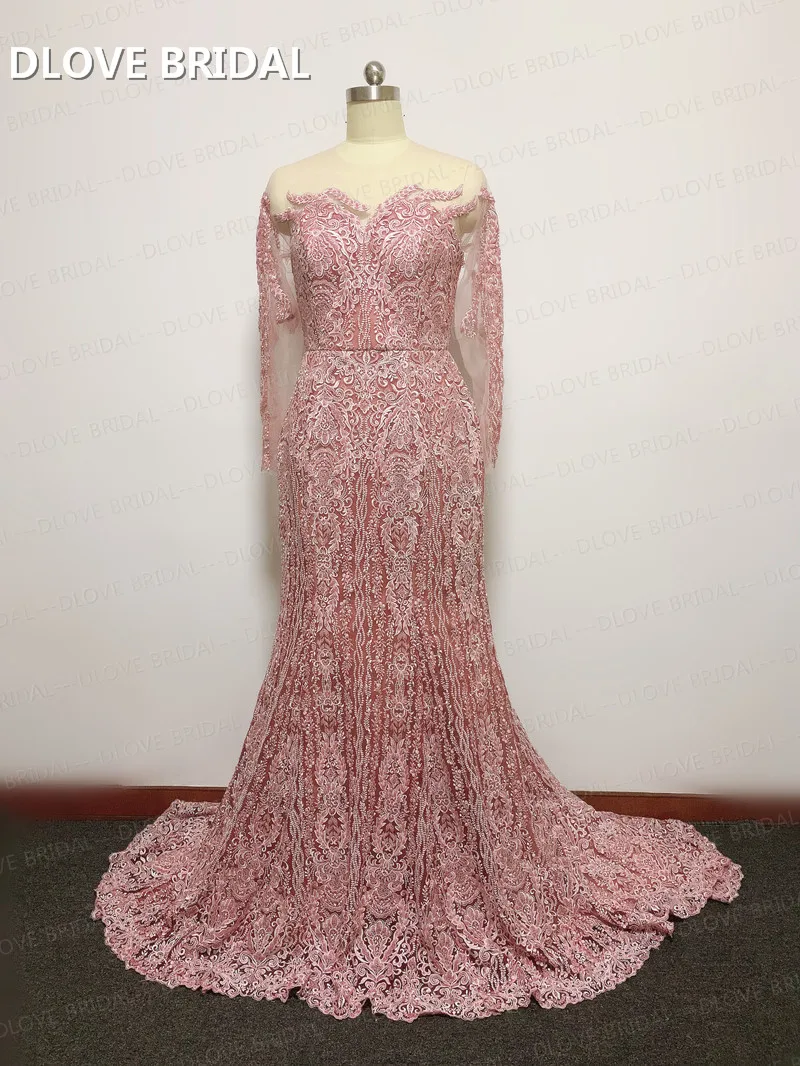 

High Quality Beaded Lace Mermaid Wedding Dress Long Sleeve Bridal Gown White Pale Pink