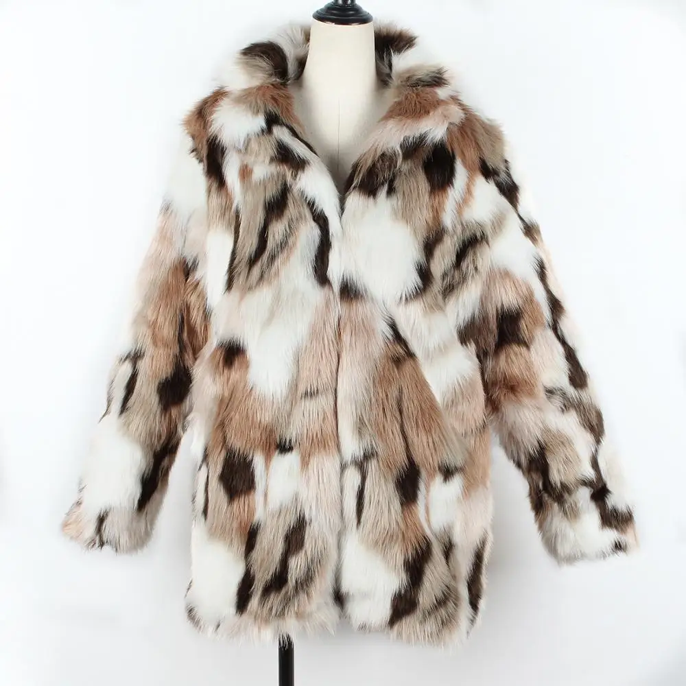 

Hot Sale Autumn Winter 2019 Faux Fur Colour Mixture Fashion Women Full Streetwear Faux Patchwork Fur Elegant Open Stitch Jacket