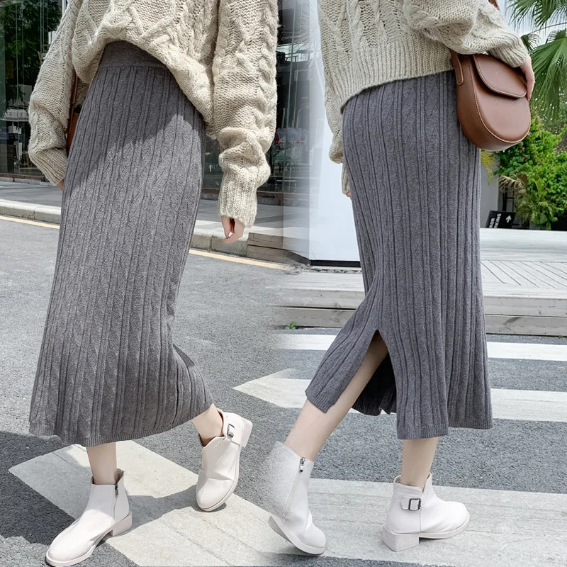 

Autumn& Winter New Arrival Thick Knit Skirt Elastic High Waist Thin Wild Split Simple Women A-line Long Skirt Tide Free Shipping