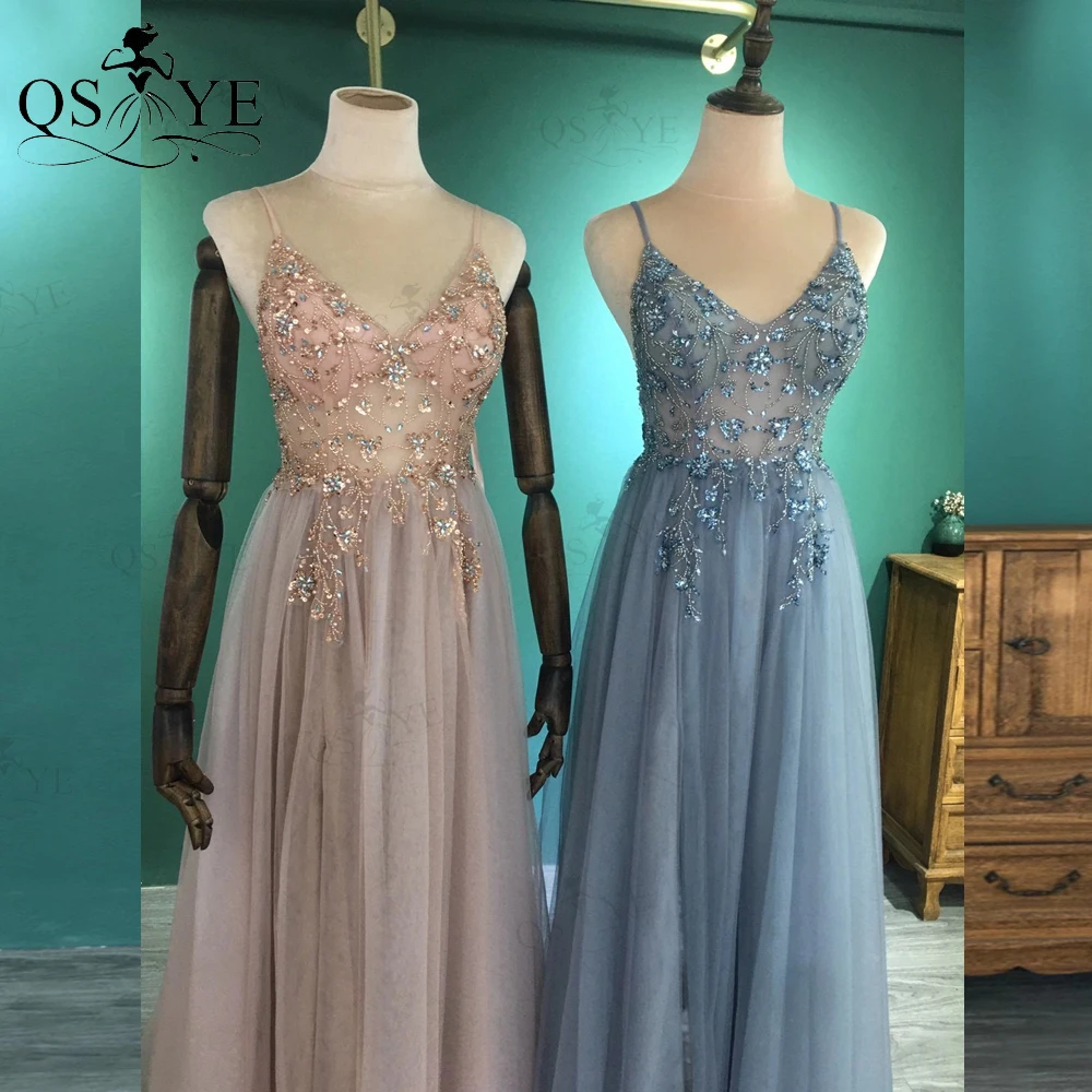 

QSYYE High Quality Fariy Prom Dresses Long Tulle Girl Gown Beads Sequins Illusion Bodice Evening Dress Open V Back Party Dress