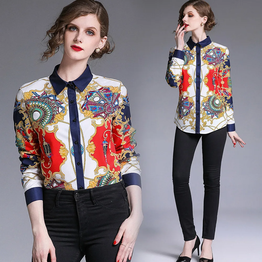 Винтажные весенне летние женские блузки с цветочным принтом и цепочкой размера