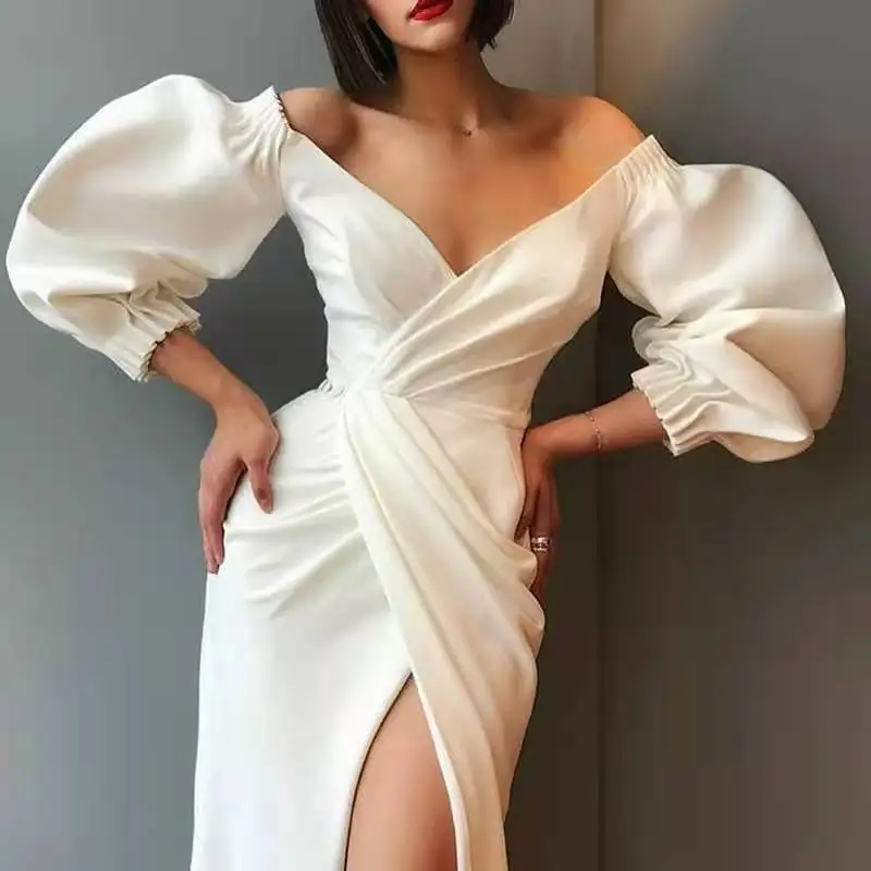 

Sexy Deep V Neck Prom Dress White Black Real Photo Good Quality Puff Sleeve High Waist Large Size Slim Split Stretch Ladies Gown