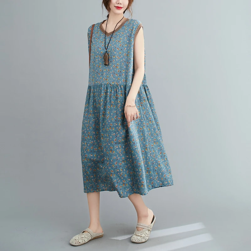 В винтажном стиле Сезон лето без рукавов свободного кроя с цветочным принтом