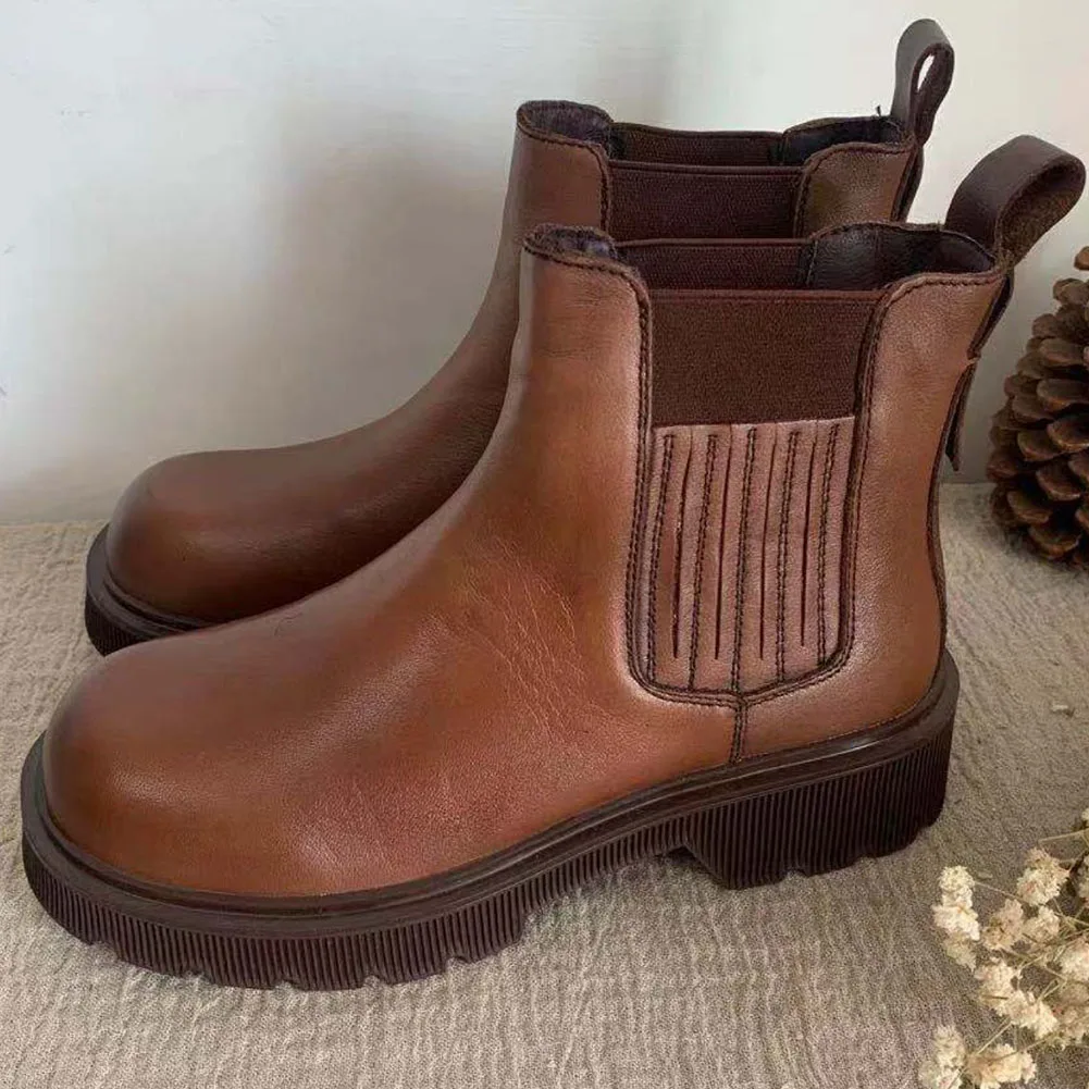 

2021 Spring Autumn New Fashion Solid Woman Ankle Boots Platform Square Heels Cow Leather Genuine Leather Leisure Chelsea Boots