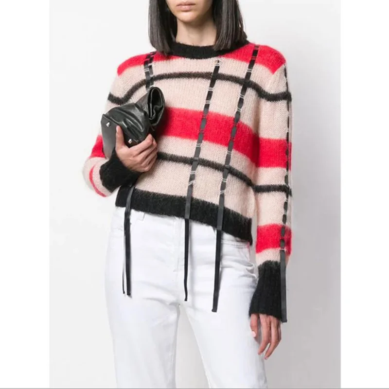 Женский мохеровый свитер осенний с вырезом лодочкой и длинным рукавом полосатые