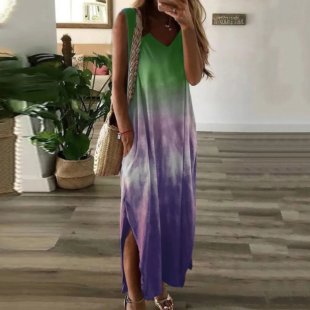 

traf Summer Dress Women Fashion Casual Tie-dye Print Sleeveless Dress V-neck Pocket Long Dress Ladies Clothes Vestidos