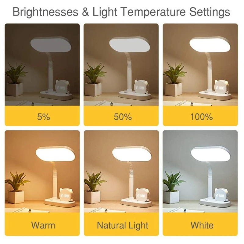 

Desk Lamps for Home Office, Cuet Pen Holder Led Small Portable Study Dorm Cat Reading Desk Light,Clock Eye Protection