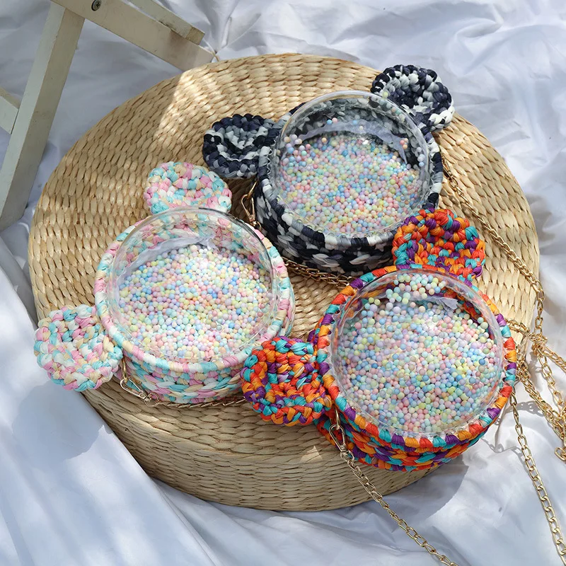 

Fashion woven messenger bag hand-woven cloth thread bear transparent hemisphere acrylic pearl handbag material bag shoulder bag