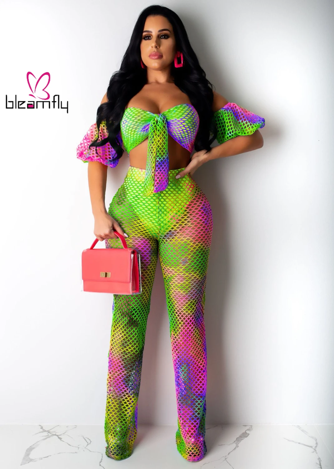 Женский костюм с открытыми плечами марлевая сетка топ принтом прямые штаны