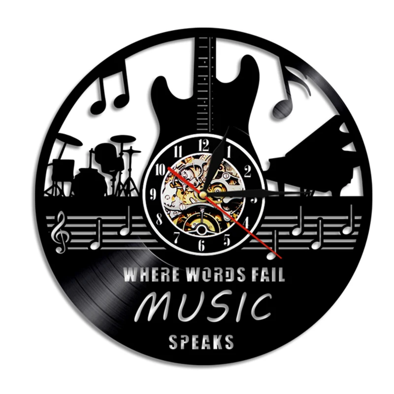 

Where Words Fail Music Speaks Musical Quote Wall Art Vinyl Record Wall Clock Guitar Decorative LP Watch Rock n Roll Music Gift