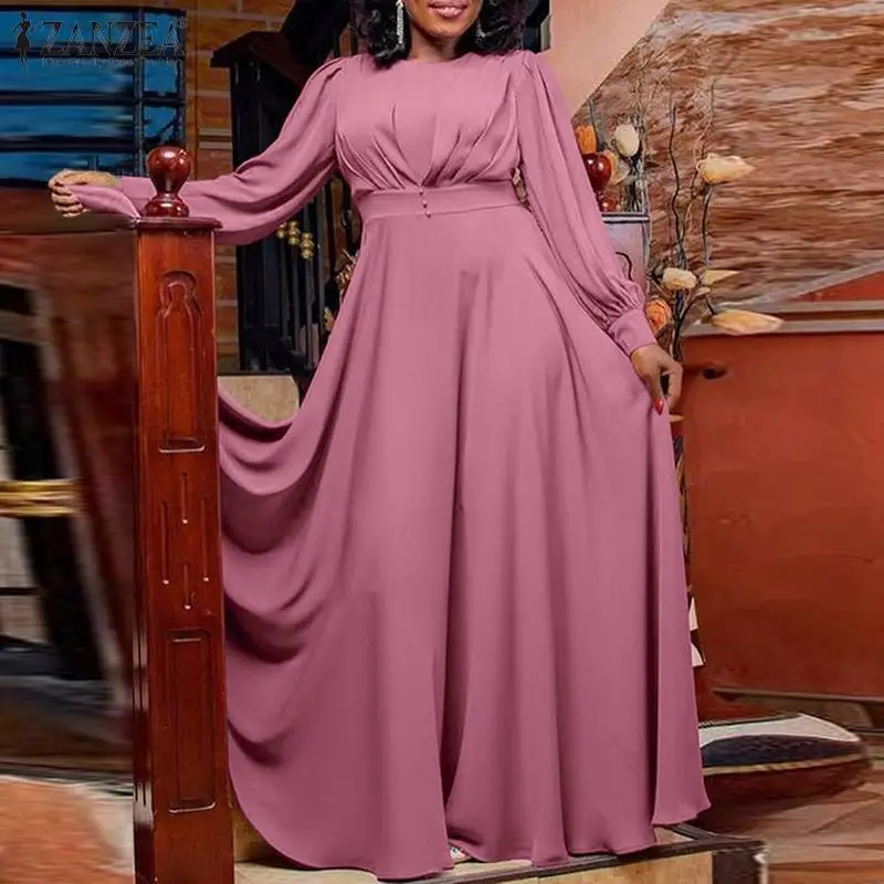 

Women Fashion Party Floor Dress ZANZEA French Elegant Waist Vestidos 2022 Autumn Holiday Robe Longue Female Solid A Line Dresses