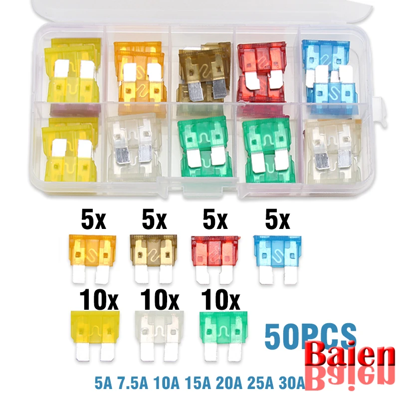 

50PCS Auto Car Truck ATC Mini Blade Fuse 5A 7.5A 10A 15A 20A 25A 30A Mixed Set fuse box 12v estandar car fuse 3 amp