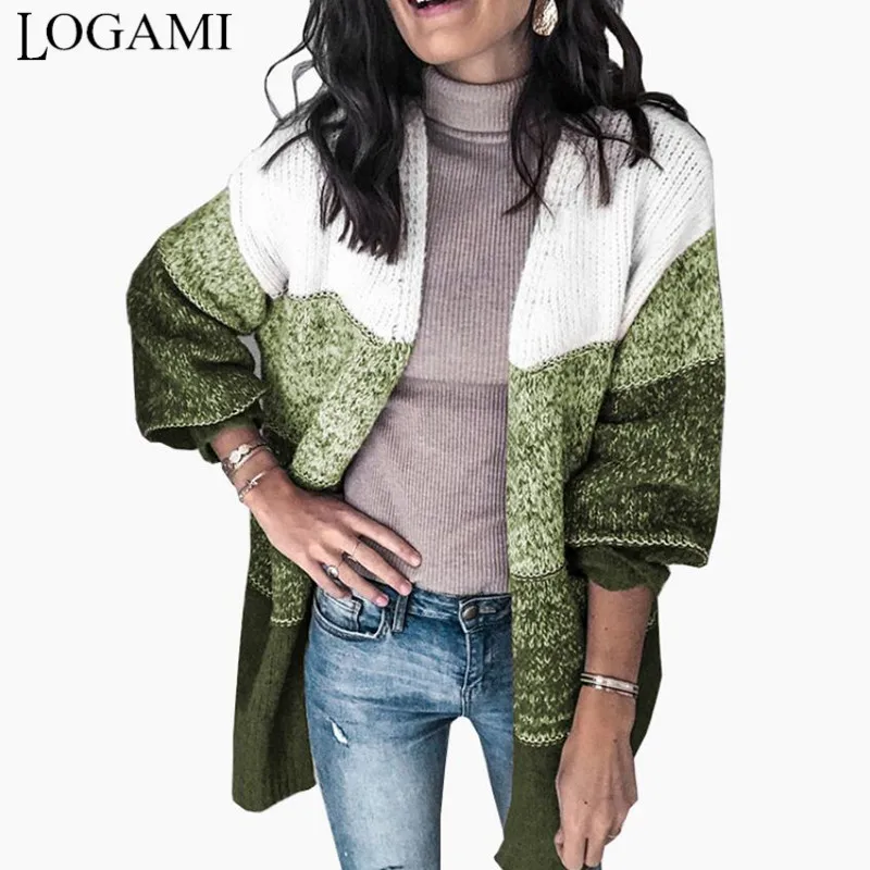 

Женский трикотажный кардиган LOGAMI, свитер в полоску контрастного цвета с длинным рукавом, осенний свитер с открытой строчкой