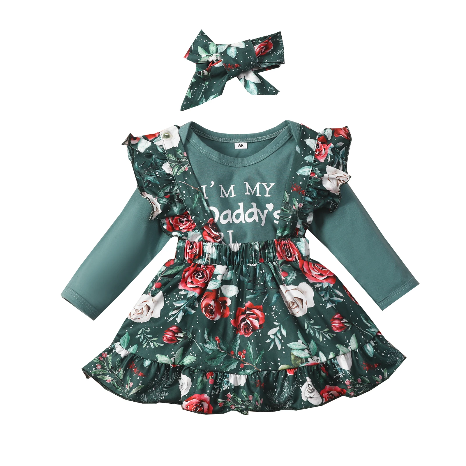 

Комплект одежды Lioraitiin для новорожденных девочек 0-24 мес., 3 предмета, комбинезон с длинным рукавом и надписью + юбка на бретелях с цветочным пр...