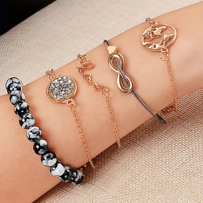 5 PCS/Set World Map Tortoise Bead Charm Bracelets for Women Mental Heart Bracelet&ampBangle Hand Accessories Party Jewelry c005 | Украшения